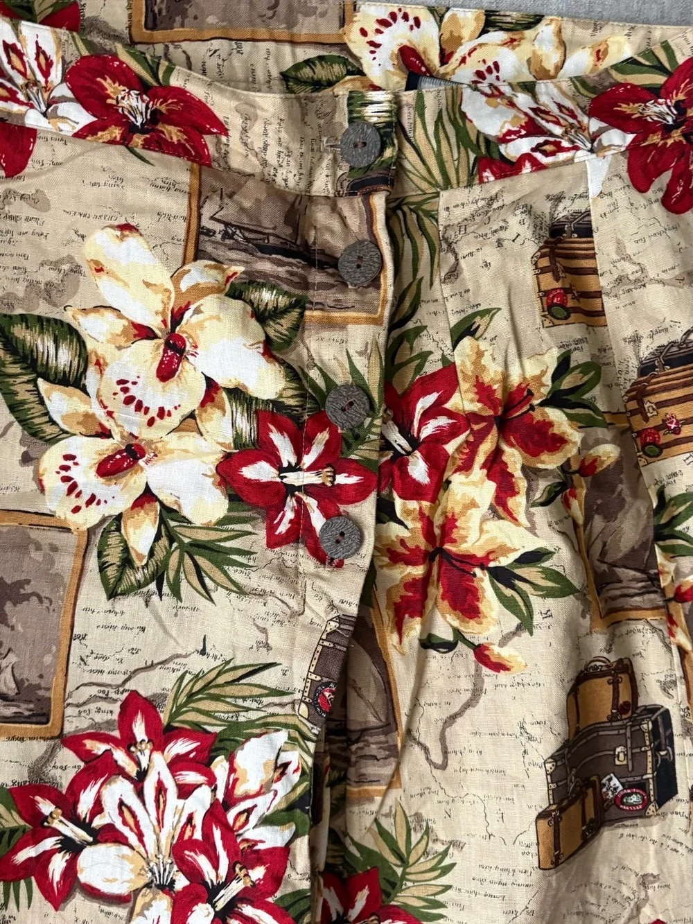 Floral Travel-Print Maxi Skirt in Beige and Red